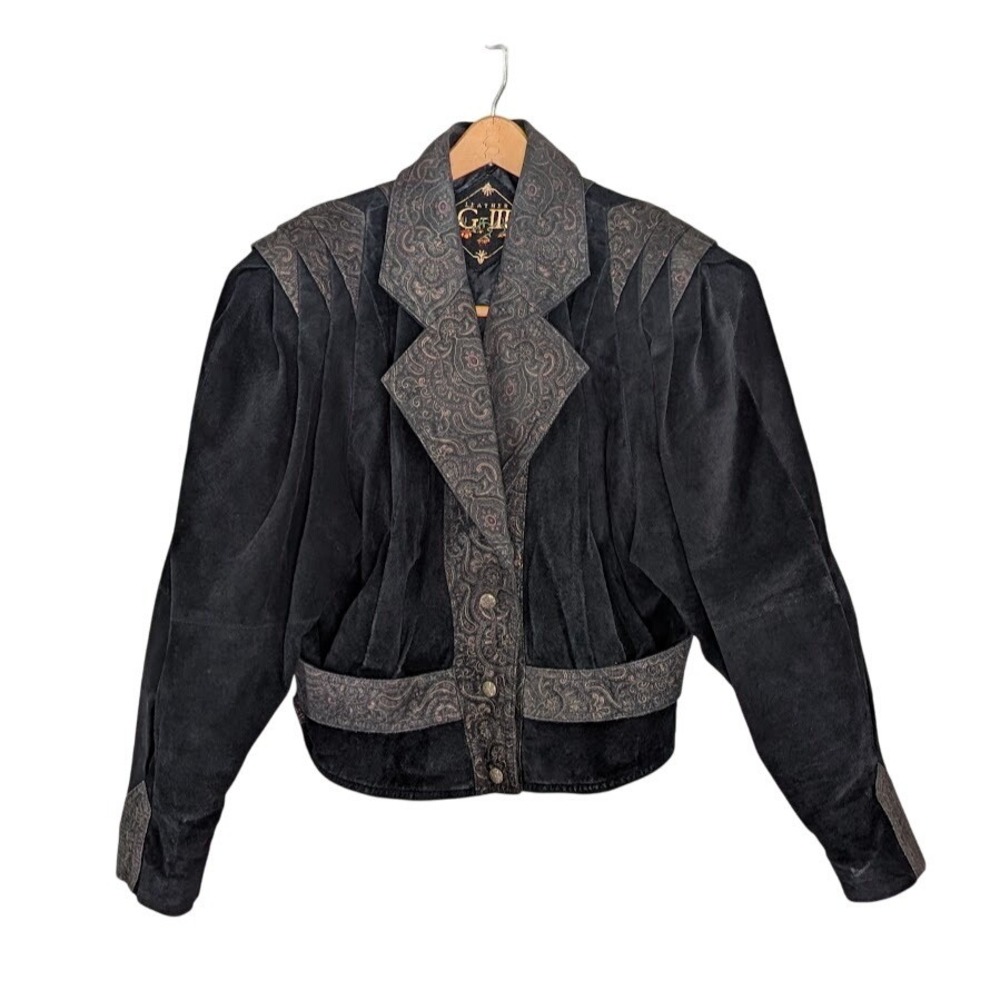 Vintage 80s Suede Bolero Jacket Women's Small Black Paisley‎ Trim Cropped Moto